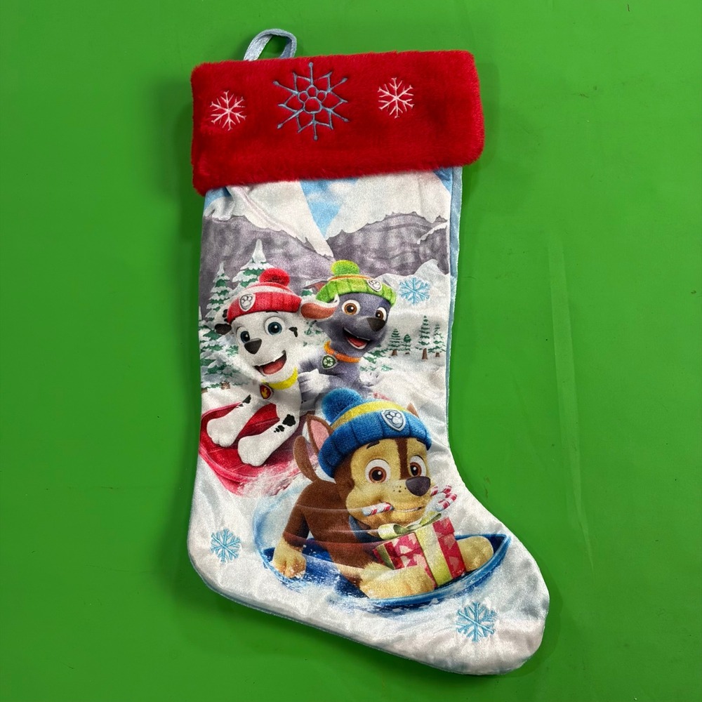 Paw Patrol Kids Christmas Stocking Blue/Red Sledding Pups Snowflake Holiday Dogs